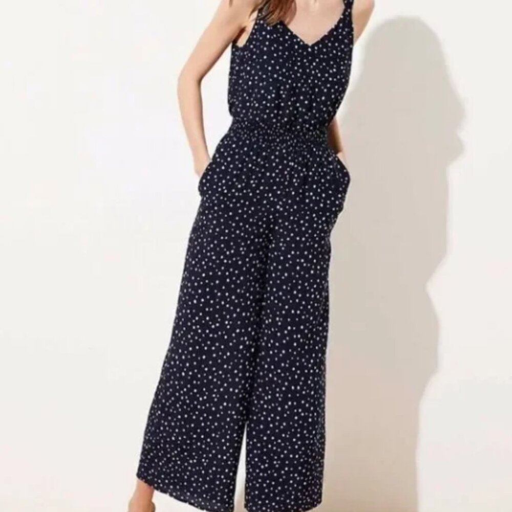 NWT Loft Navy Blue Polka Dot Smocked Wide Legs Jumpsuit with Pockets Size 2 - Picture 3 of 15